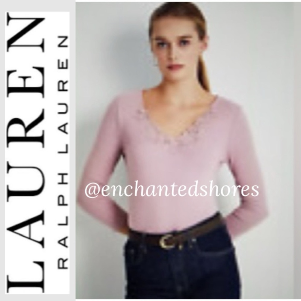 Lauren Ralph Lauren Lace Top Long Sleeve VNeck Ribbed Cottage Rose Pink Women XL